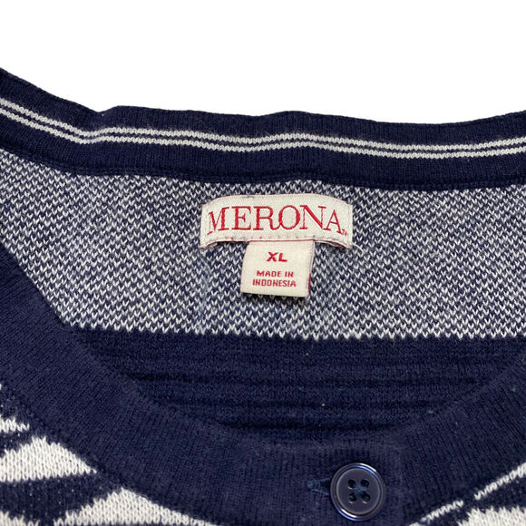 MERONA Nautical Blue Geometric Stripe Knit 100% Cotton Cardigan XL 3/4 Sleeve - Picture 6 of 10